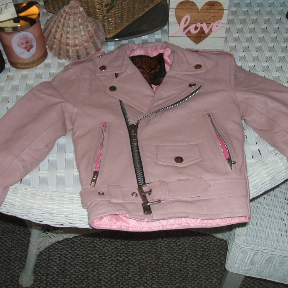 adorable    leather    girls  pink  bomber  jacket